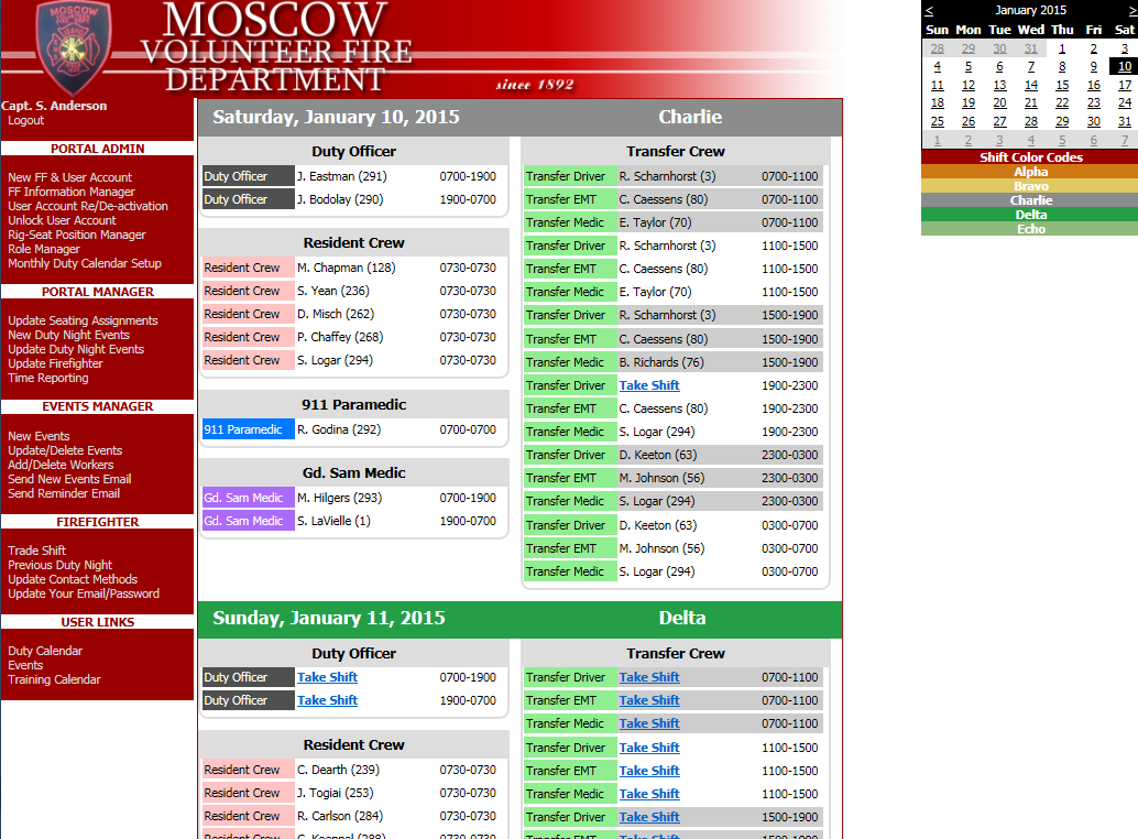 Screen shot of the Duty Calendar web application