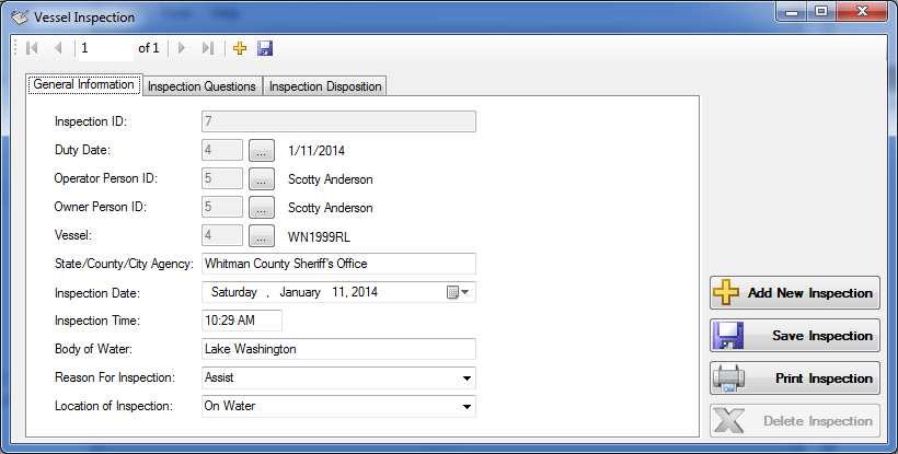 Screen shot of the Washington Boat Inspections application